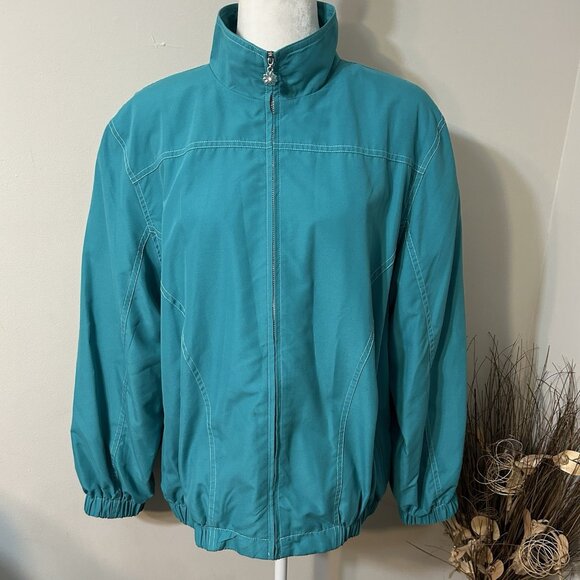 Alfred Dunner Teal Green Lightweight Zip Up Windbreaker Jacket Pockets Lined L - Picture 1 of 8
